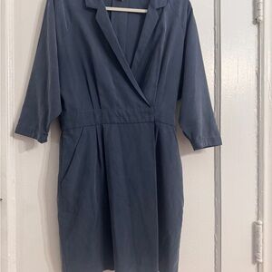J. Crew Gray 3/4 Sleeve Notched Silk Collar Dress
